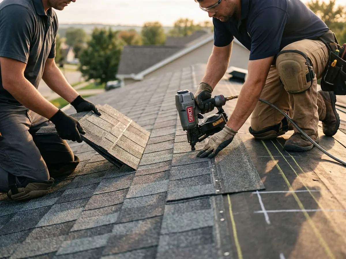 Professional roofer working on a residential roof in Pace